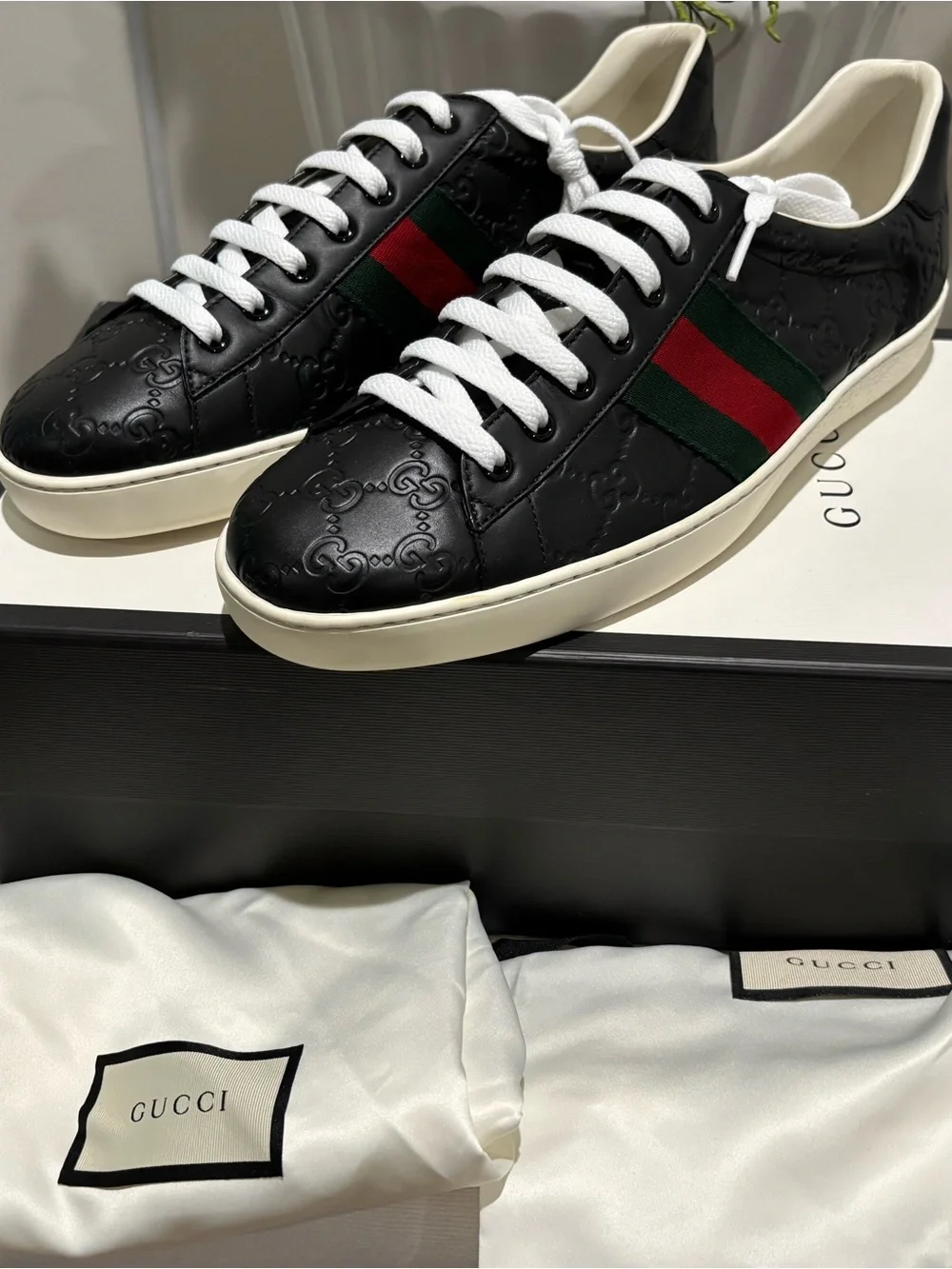 Gucci Black Leather Ace Sneaker with Green-Red Web Stripe
